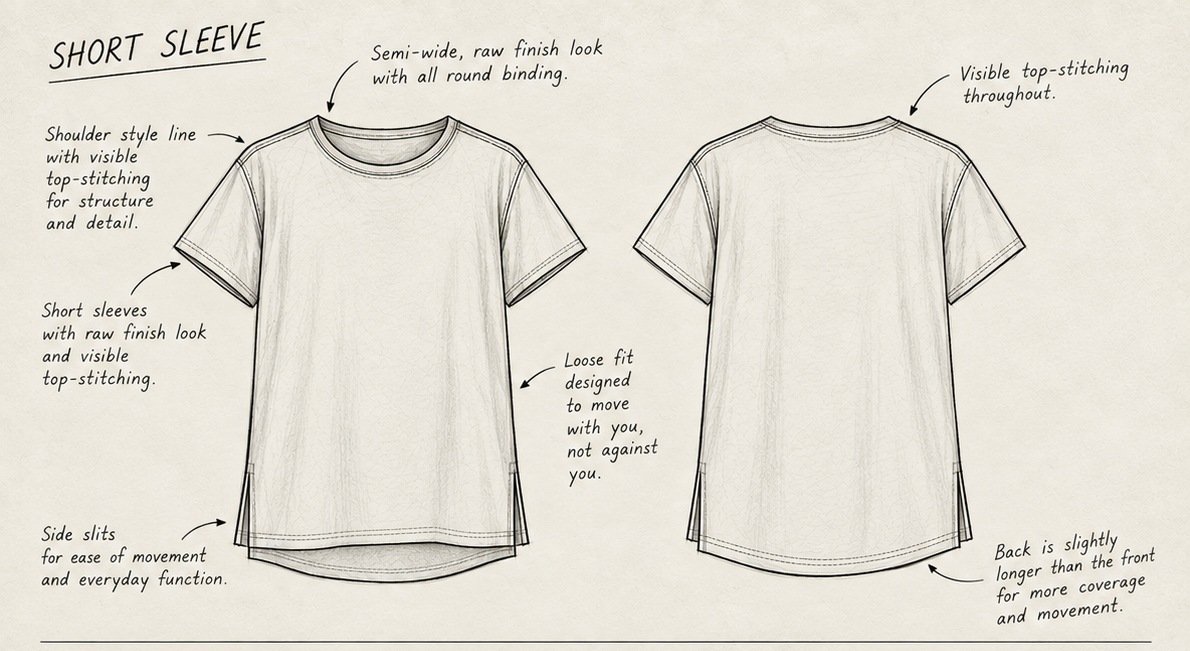Technical drawing of the masculine Truth-T short sleeve: front and back views with construction notes