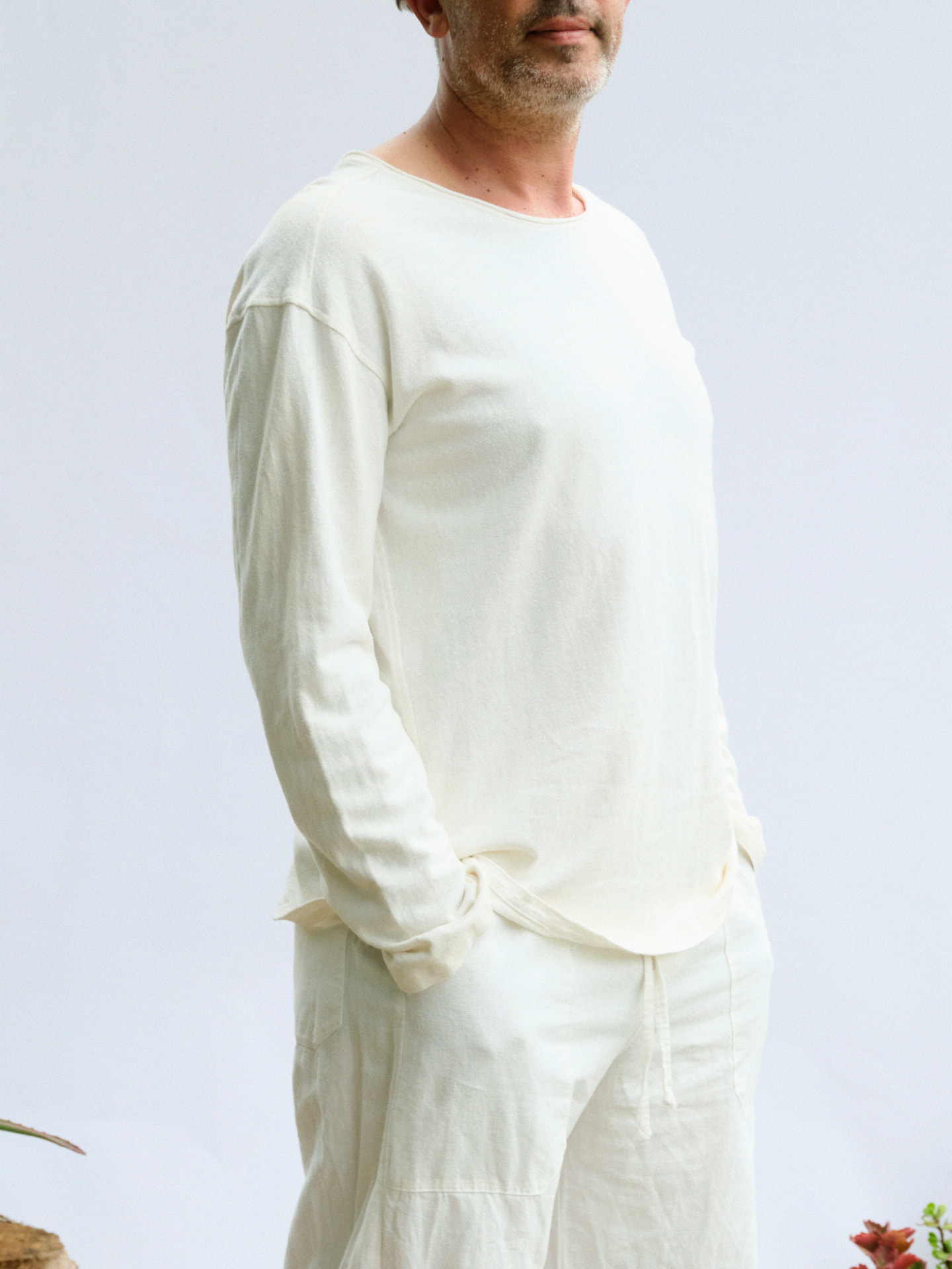 Man wearing the masculine long sleeve David, front view showing the relaxed fit