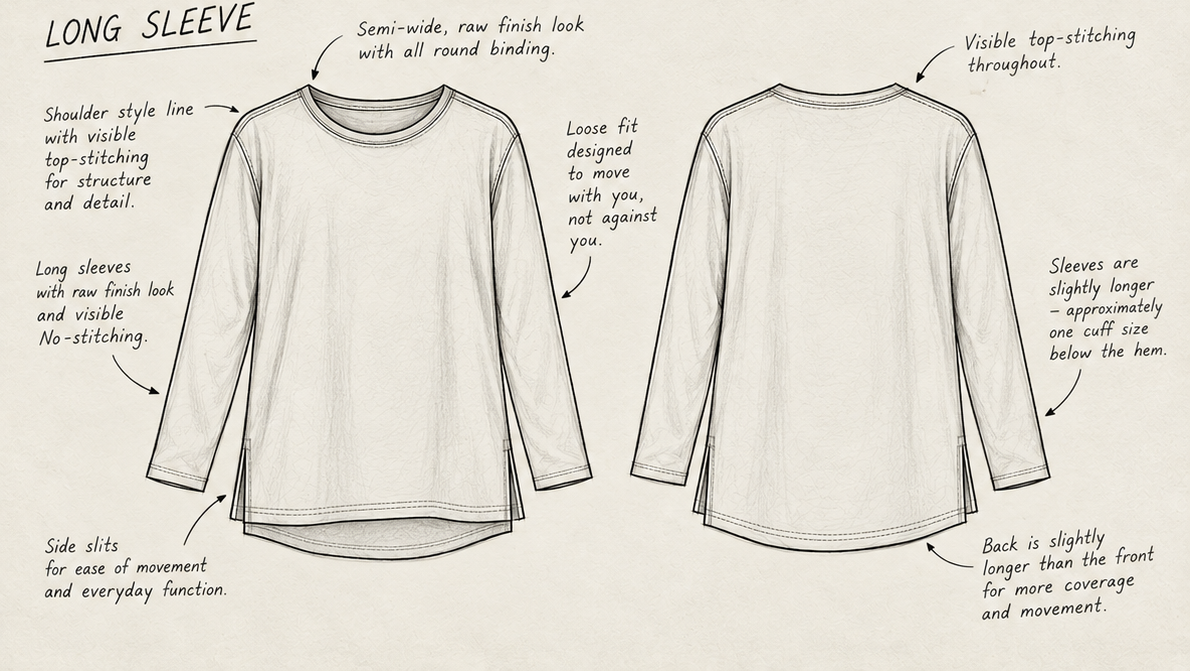 Technical drawing of the masculine long sleeve David: front and back views with construction notes